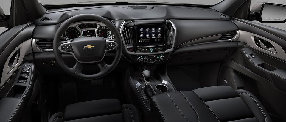 2022 Chevrolet Traverse CGI Photography: Interior A-to-A Pillar Jet Black Leather